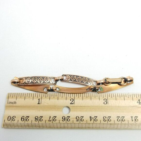 Vintage Solid Copper Heart Design Panel Link Bracelet, Minimal Stacking Estate - Picture 5 of 7